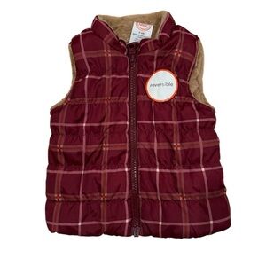 NWT Wonder Nation Reversible Maroon Tan Plaid Faux Fur Puffer Vest - Size 6-9M